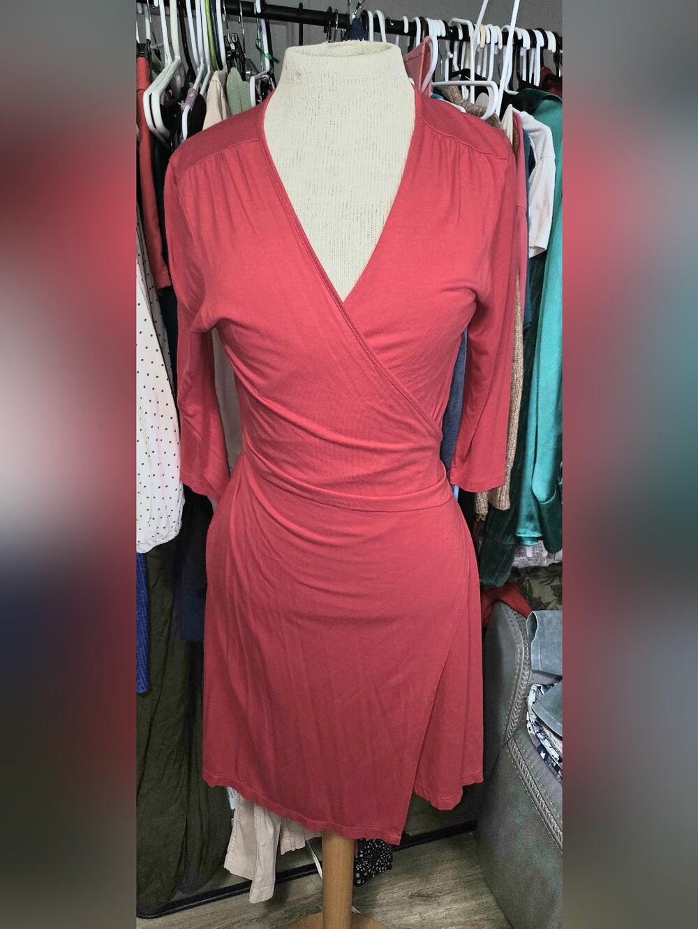 Banana Republic Coral Wrap-Style Long Sleeve Midi Dress Sz PM